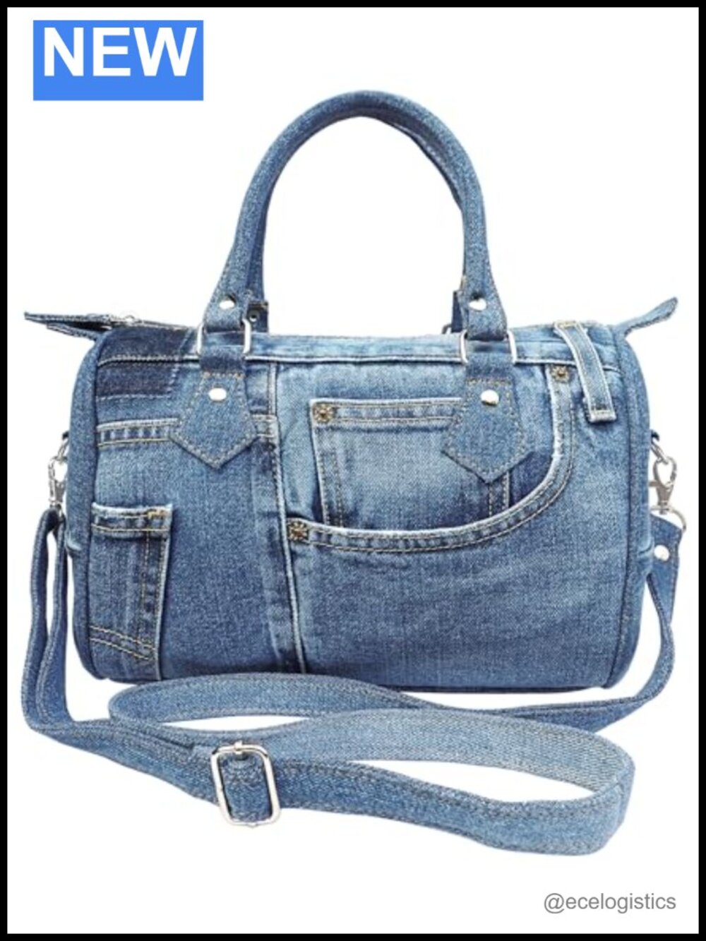 Handmade Upcycled Denim Compact Crossbody Handbag with Top Handle